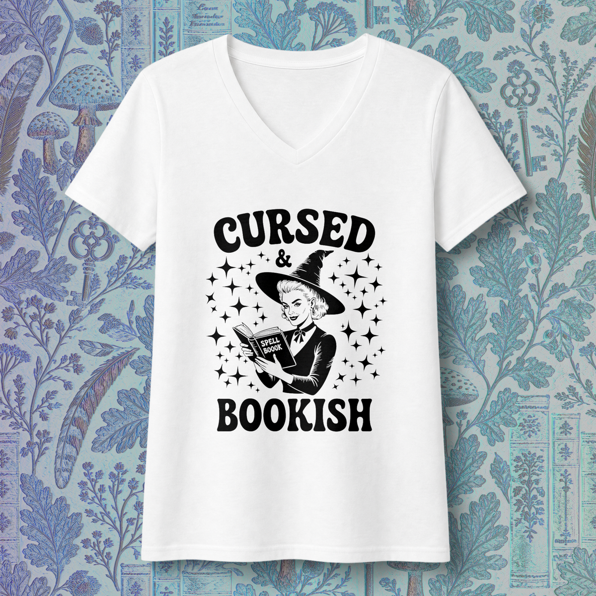 Cursed and Bookish V-Neck Tee - Witchy Book Lover Shirt