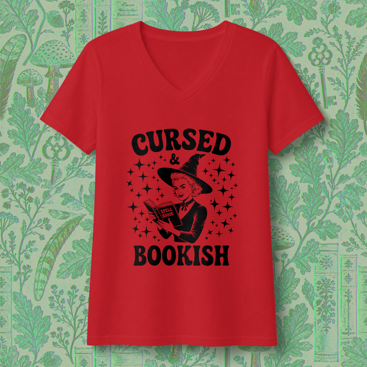 Cursed and Bookish V-Neck Tee - Witchy Book Lover Shirt