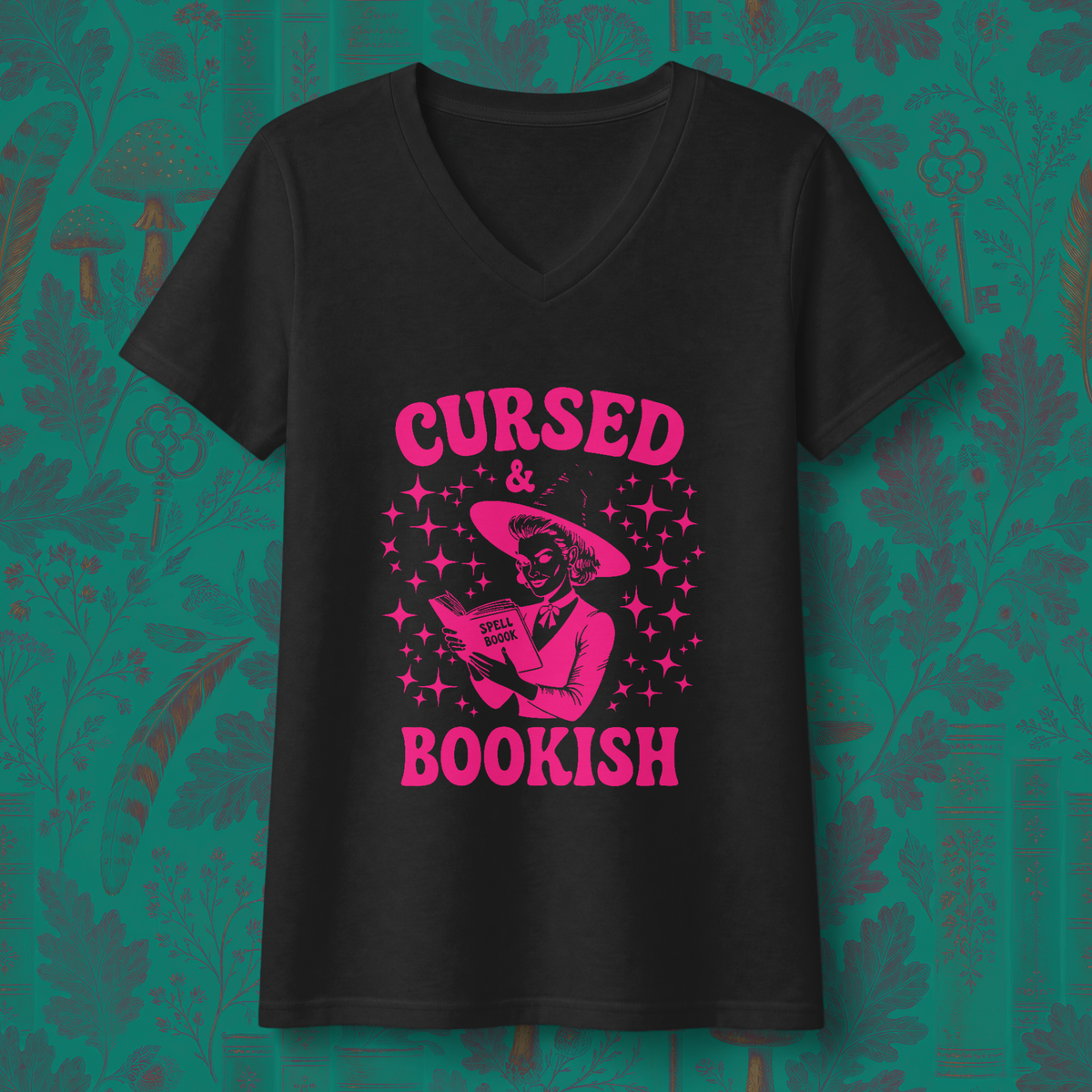 Cursed and Bookish V-Neck Tee - Witchy Book Lover Shirt