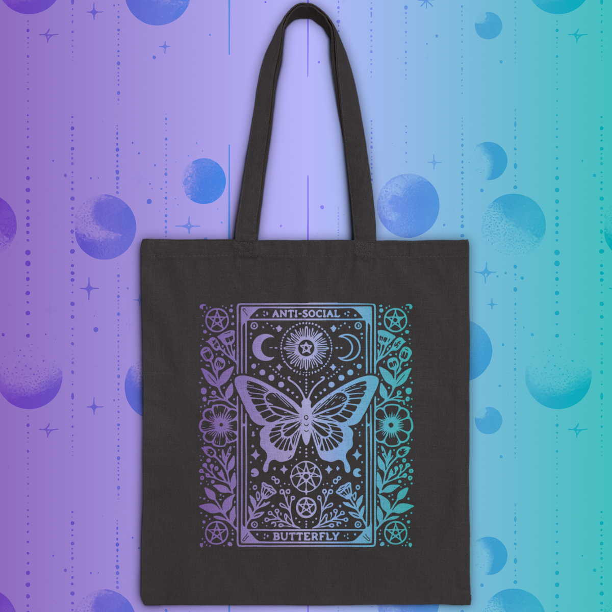 Anti-Social Butterfly Tarot Canvas Tote - Purple and Blue Gradient Boho Mystic Market Bag