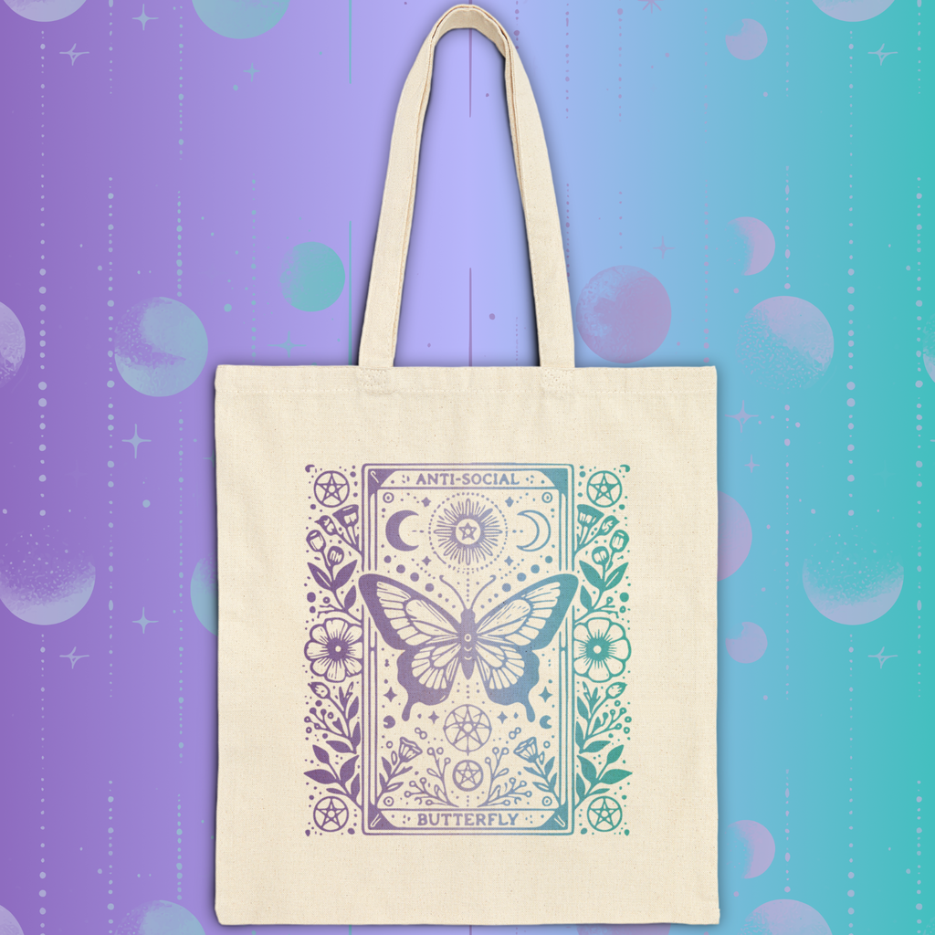 Anti-Social Butterfly Tarot Canvas Tote - Purple and Blue Gradient Boho Mystic Market Bag