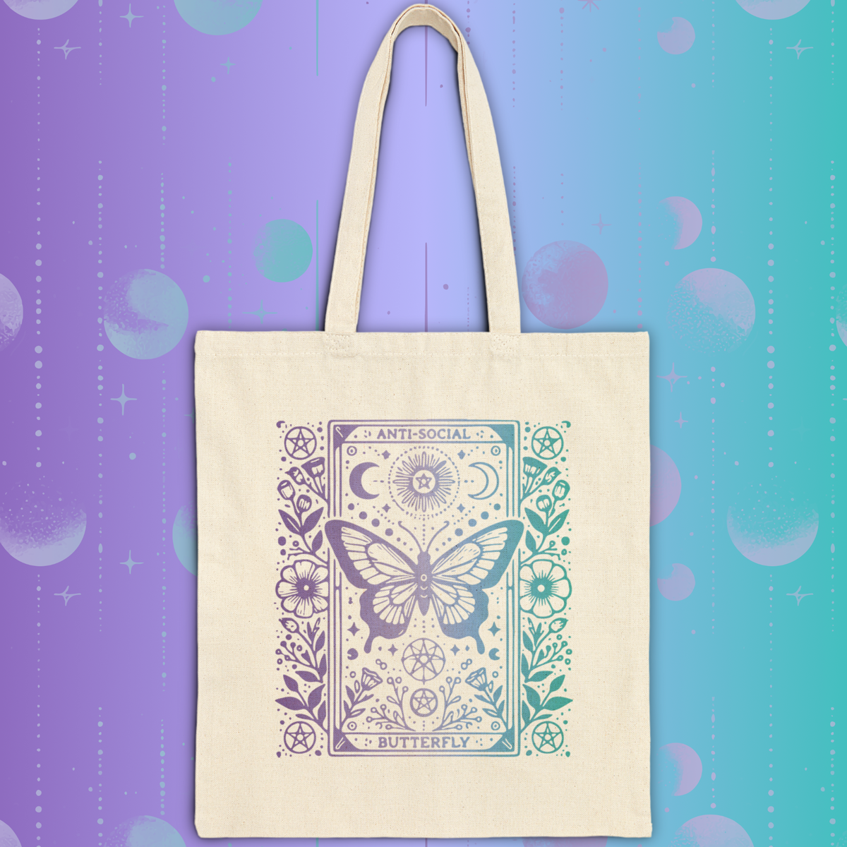 Anti-Social Butterfly Tarot Canvas Tote - Purple and Blue Gradient Boho Mystic Market Bag