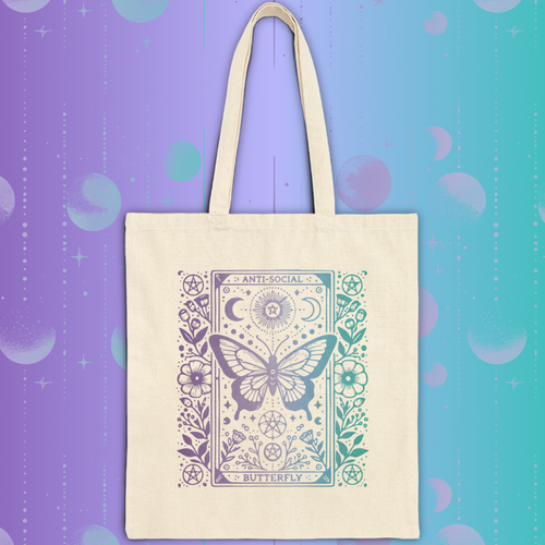 Anti-Social Butterfly Tarot Canvas Tote - Purple and Blue Gradient Boho Mystic Market Bag