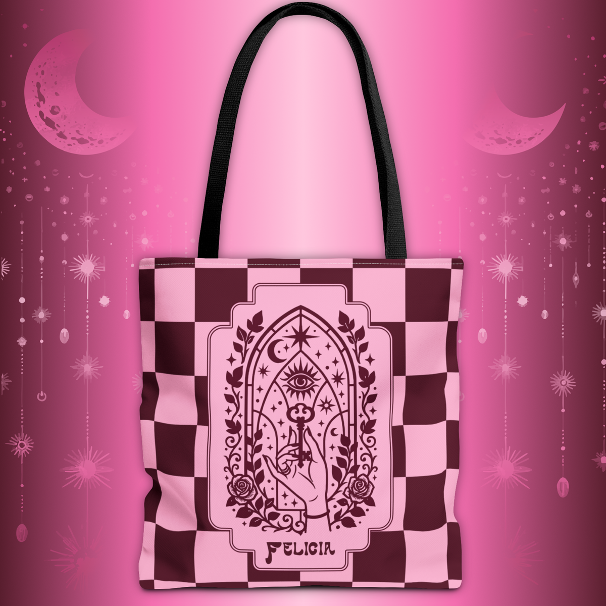 Personalizable Mystic Hand with Key Checkerboard Tote Bag – Pink and Burgundy Retro Goth Carryall