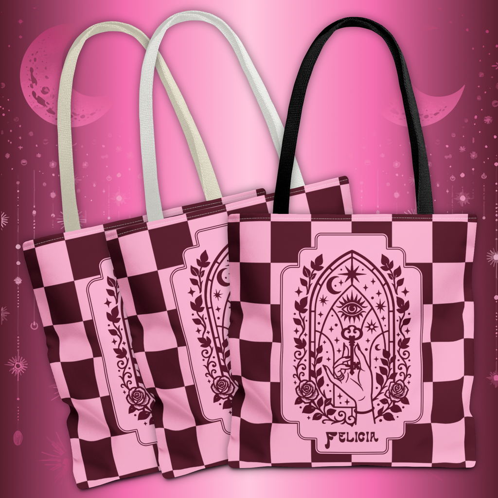 Personalizable Mystic Hand with Key Checkerboard Tote Bag – Pink and Burgundy Retro Goth Carryall