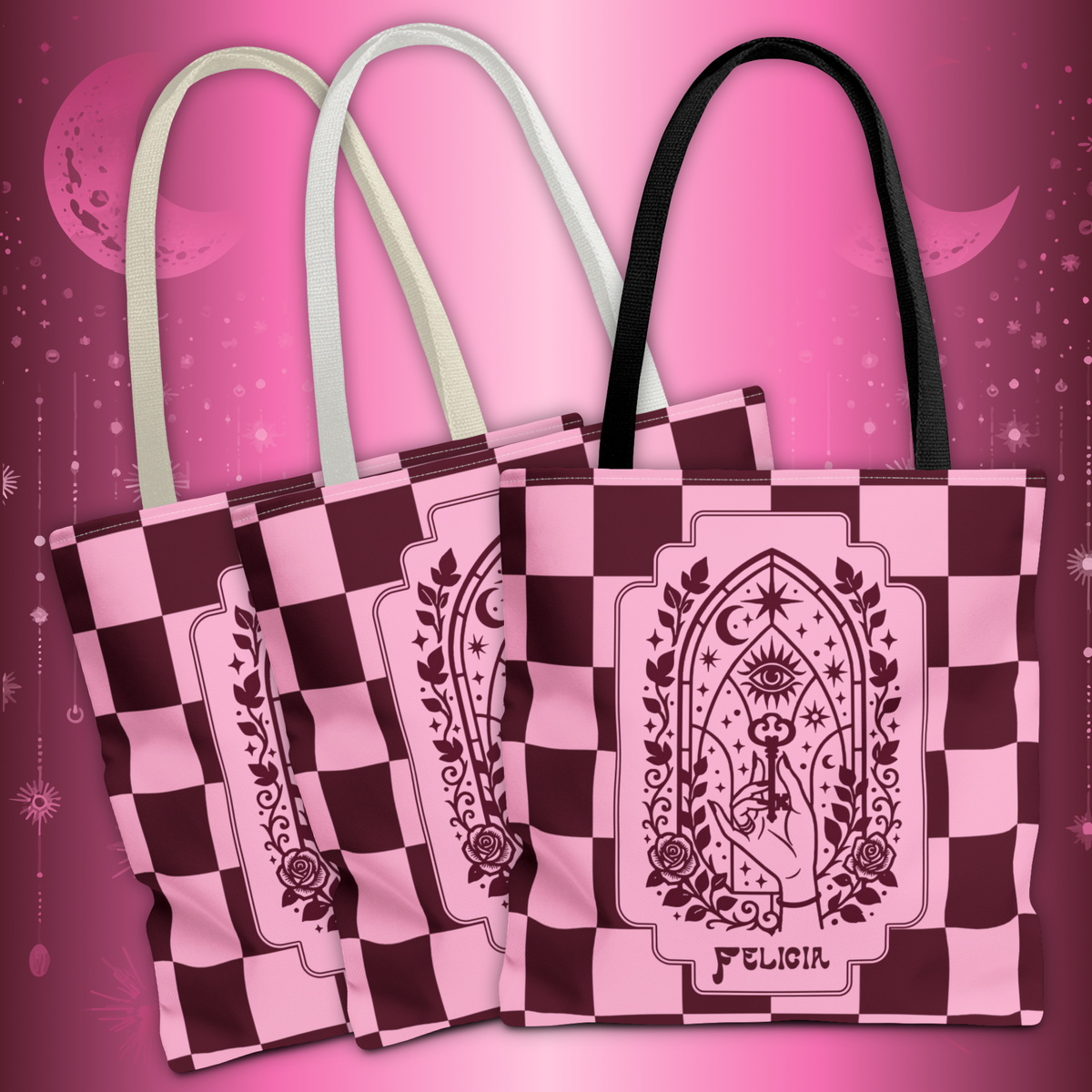 Personalizable Mystic Hand with Key Checkerboard Tote Bag – Pink and Burgundy Retro Goth Carryall