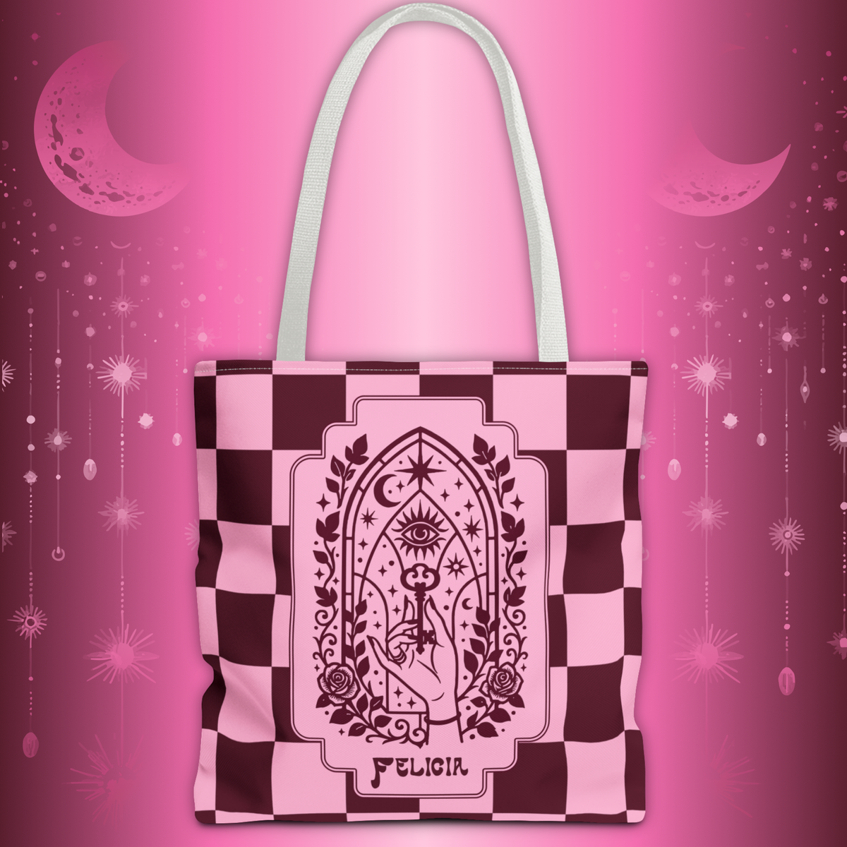 Personalizable Mystic Hand with Key Checkerboard Tote Bag – Pink and Burgundy Retro Goth Carryall