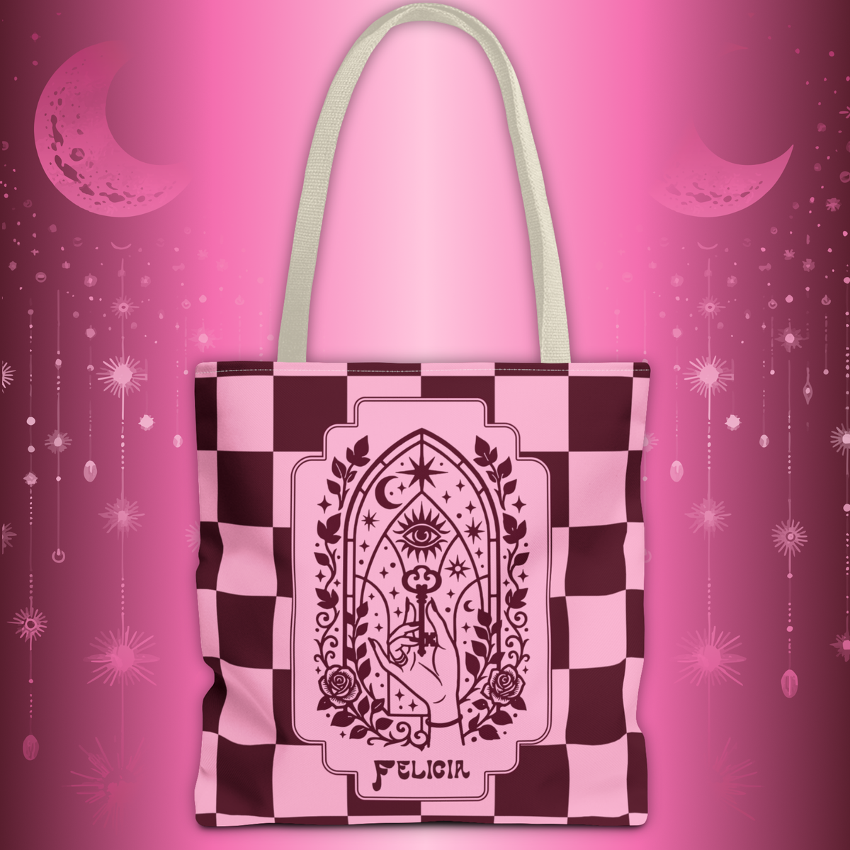 Personalizable Mystic Hand with Key Checkerboard Tote Bag – Pink and Burgundy Retro Goth Carryall