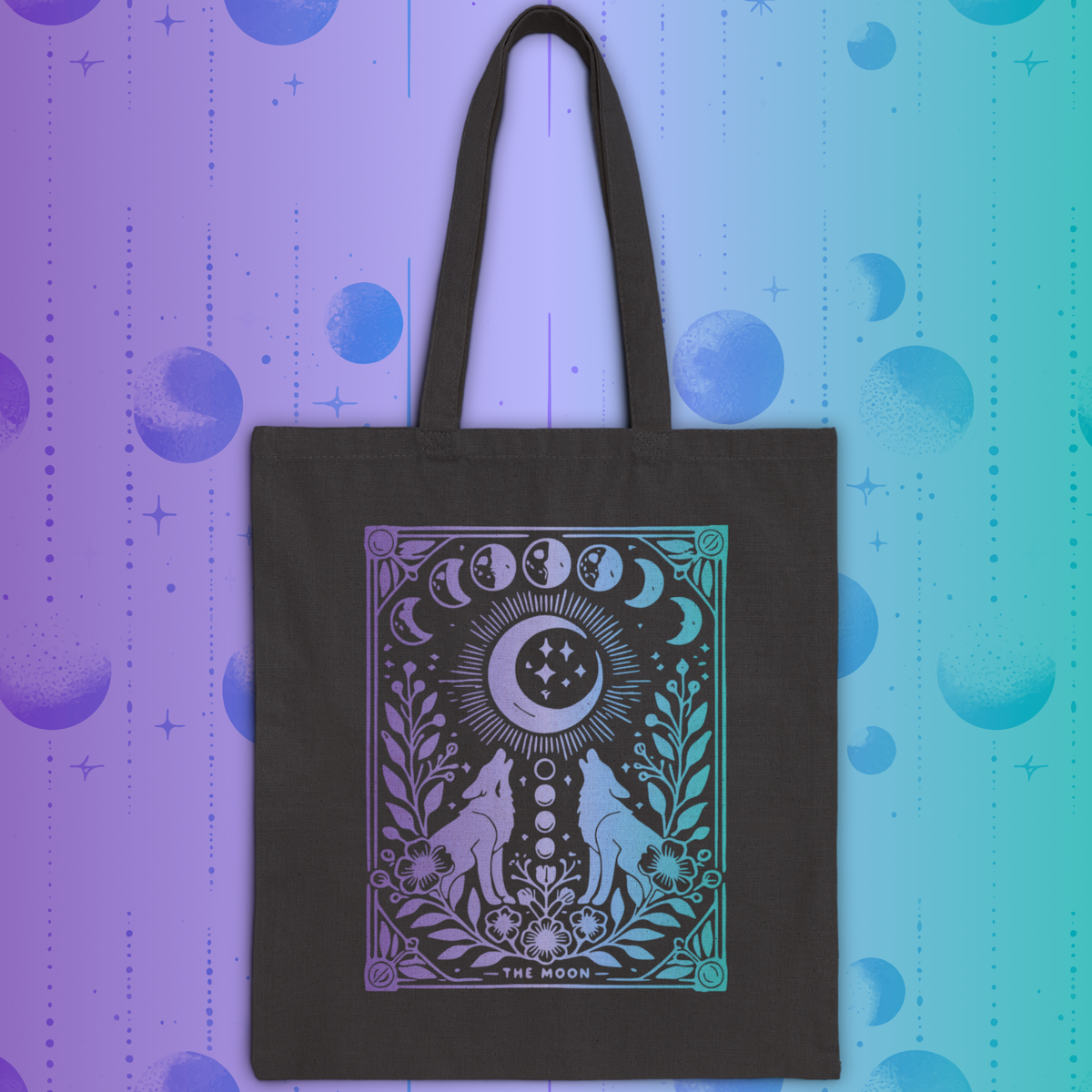 Celestial Moon Phases Tote Bag - Mystical Wolf and Moonlight Tarot Canvas Tote