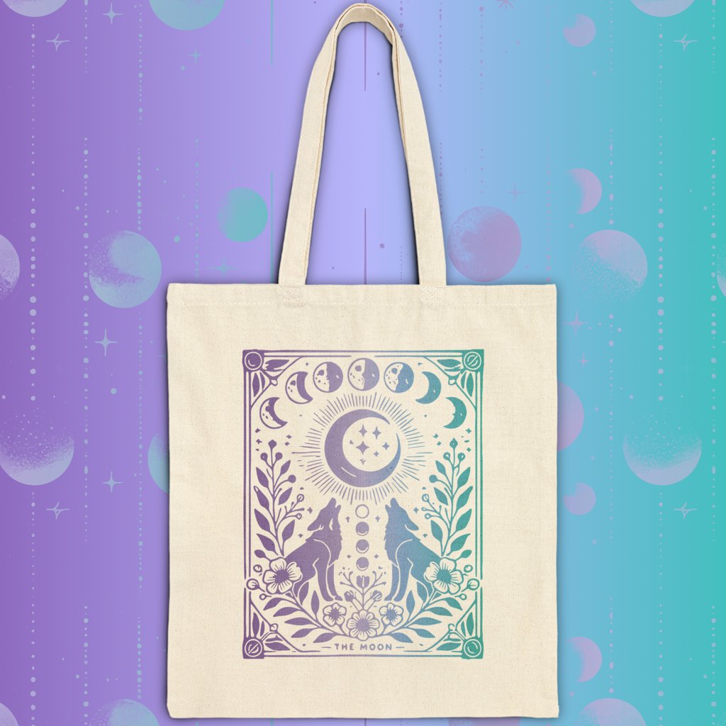 Celestial Moon Phases Tote Bag - Mystical Wolf and Moonlight Tarot Canvas Tote