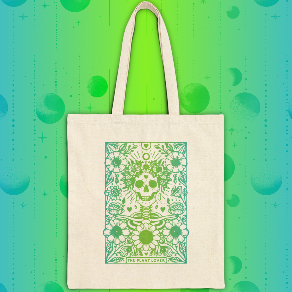 "The Plant Lover" Skeleton Tarot Card Tote Bag