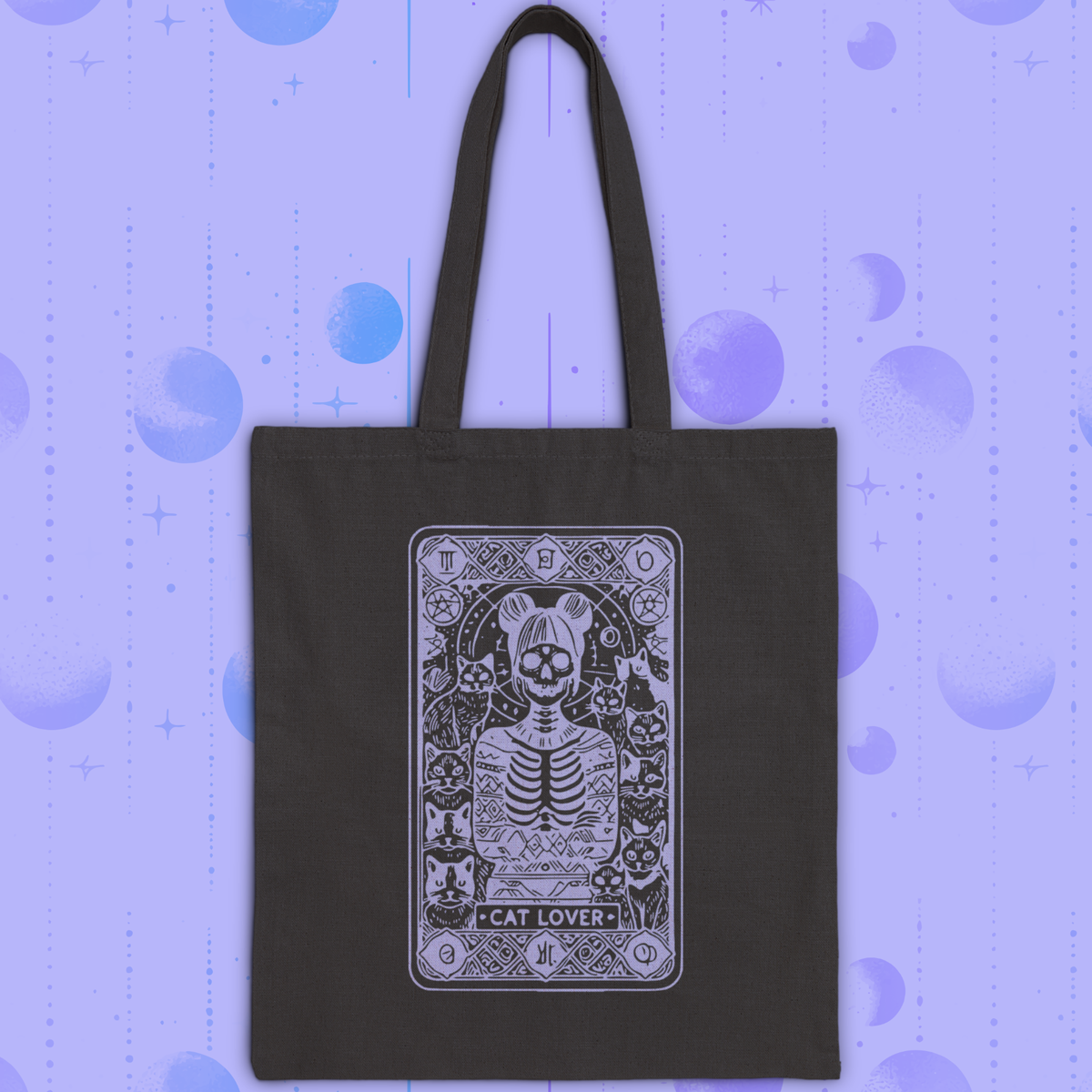 Cat Lady Skeleton Tarot Tote Bag  - 'Cat Lover' Cotton Canvas Tote