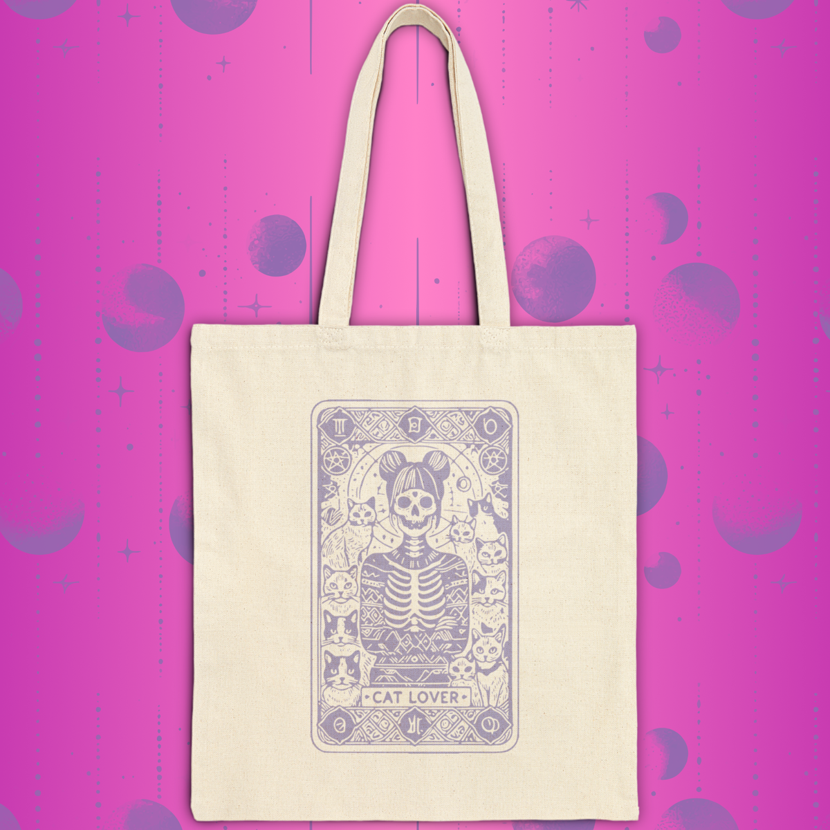 Cat Lady Skeleton Tarot Tote Bag  - 'Cat Lover' Cotton Canvas Tote