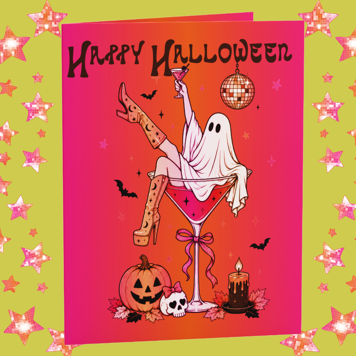 Happy Halloween Ghost Martini Disco Greeting Cards - Pack of 8/16/24