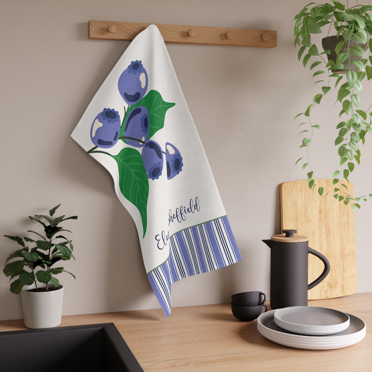 Personalizable Blueberry Stripe Tea Towel - Blue and White Decorative Kitchen Towel