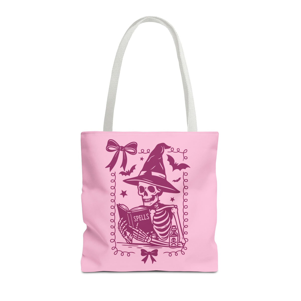 Pink Reading Witch Skeleton Tote Bag — Cute Coquette Frame Halloween Tote