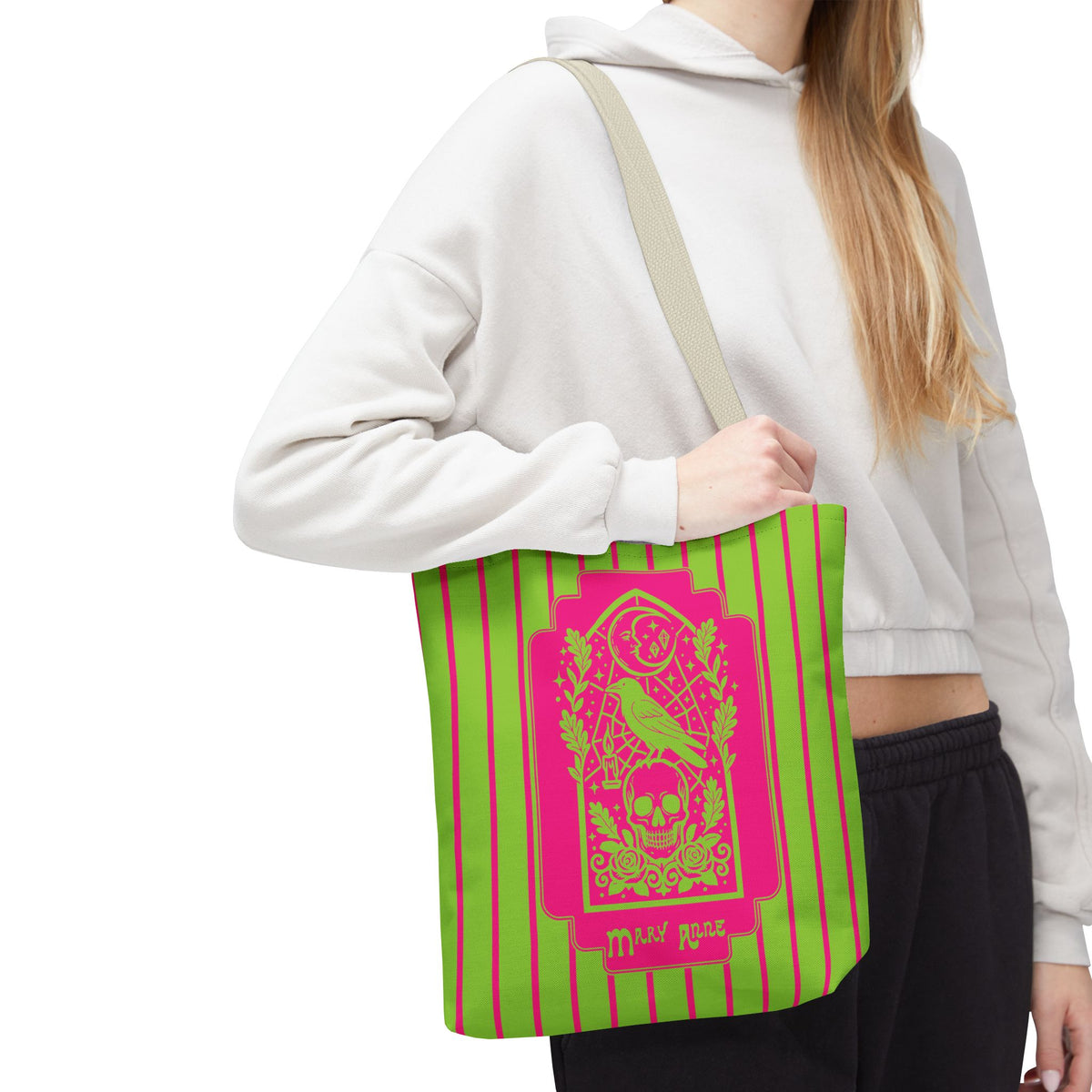 Neon Gothic Raven and Skull Tote Bag - Personalizable Pink and Green Retro Goth Carryall