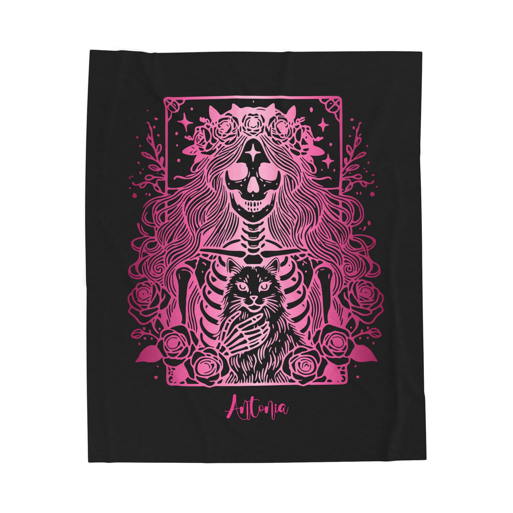 Skeleton Woman and Cat Personalized Velveteen Blanket - Pink Cat Mom Tarot Throw