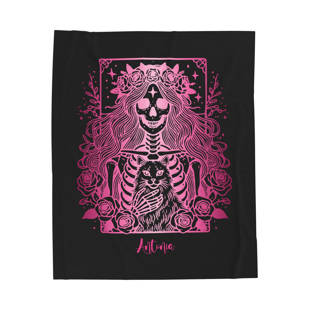 Skeleton Woman and Cat Personalized Velveteen Blanket - Pink Cat Mom Tarot Throw