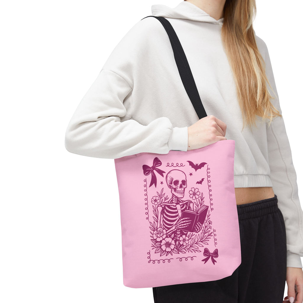 Floral Pink Reading Skeleton Tote Bag  - Cute Gothic Booklover Tote