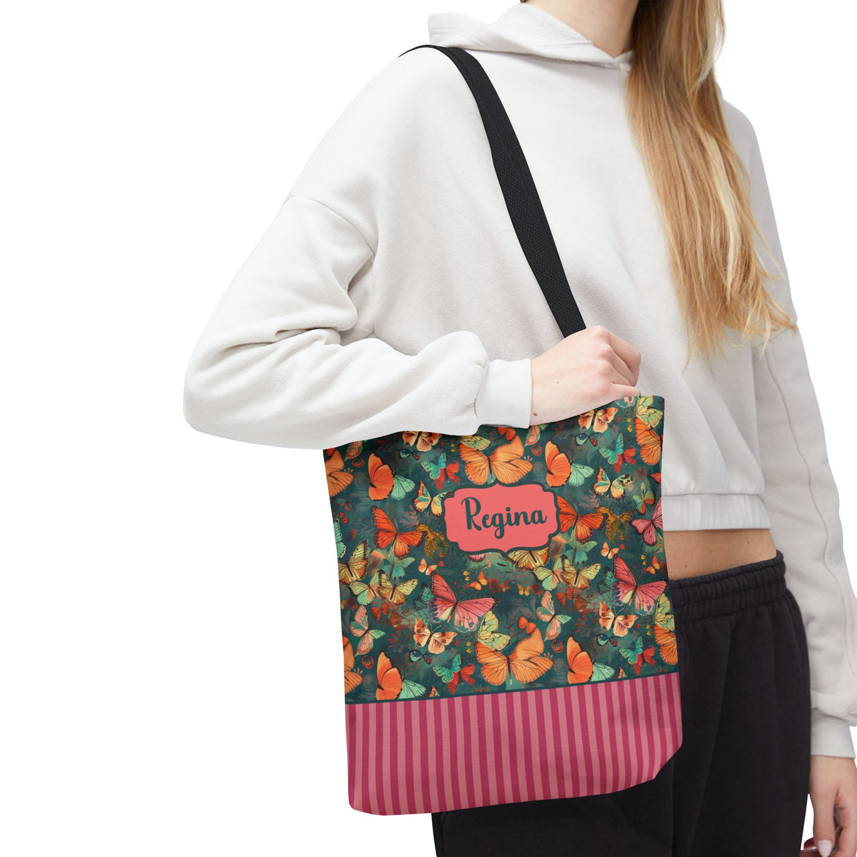 Personalizable Girly Handwriting Bag - Dreamy Butterfly Striped Tote