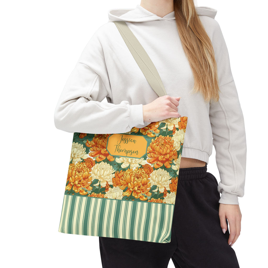 Personalizable Vintage Floral Stripe Tote Bag – Cream and Orange Chrysanthemums Tote