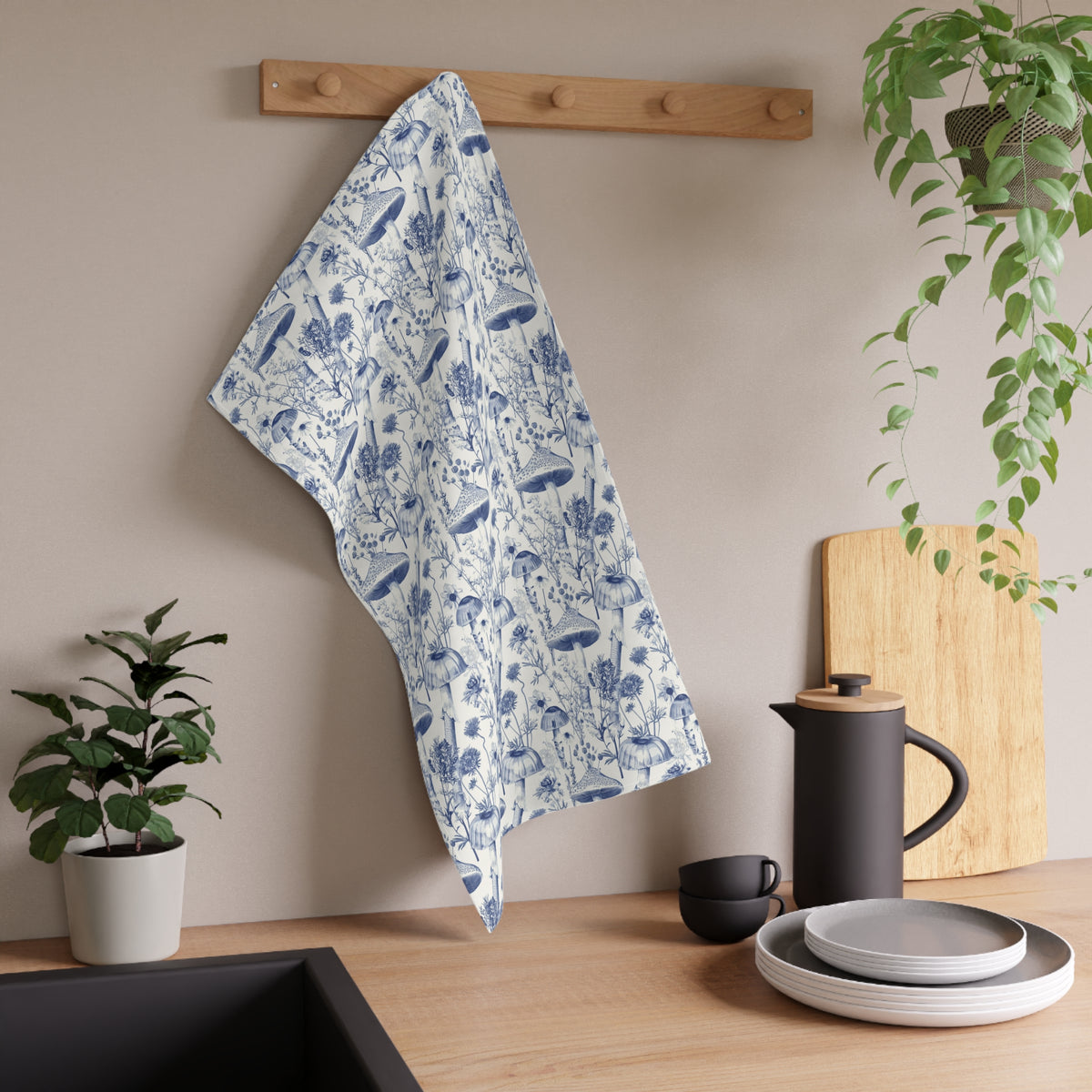 Botanical Toile de Jouy Tea Towel - Mushroom and Wildflower Blue Kitchen Towel