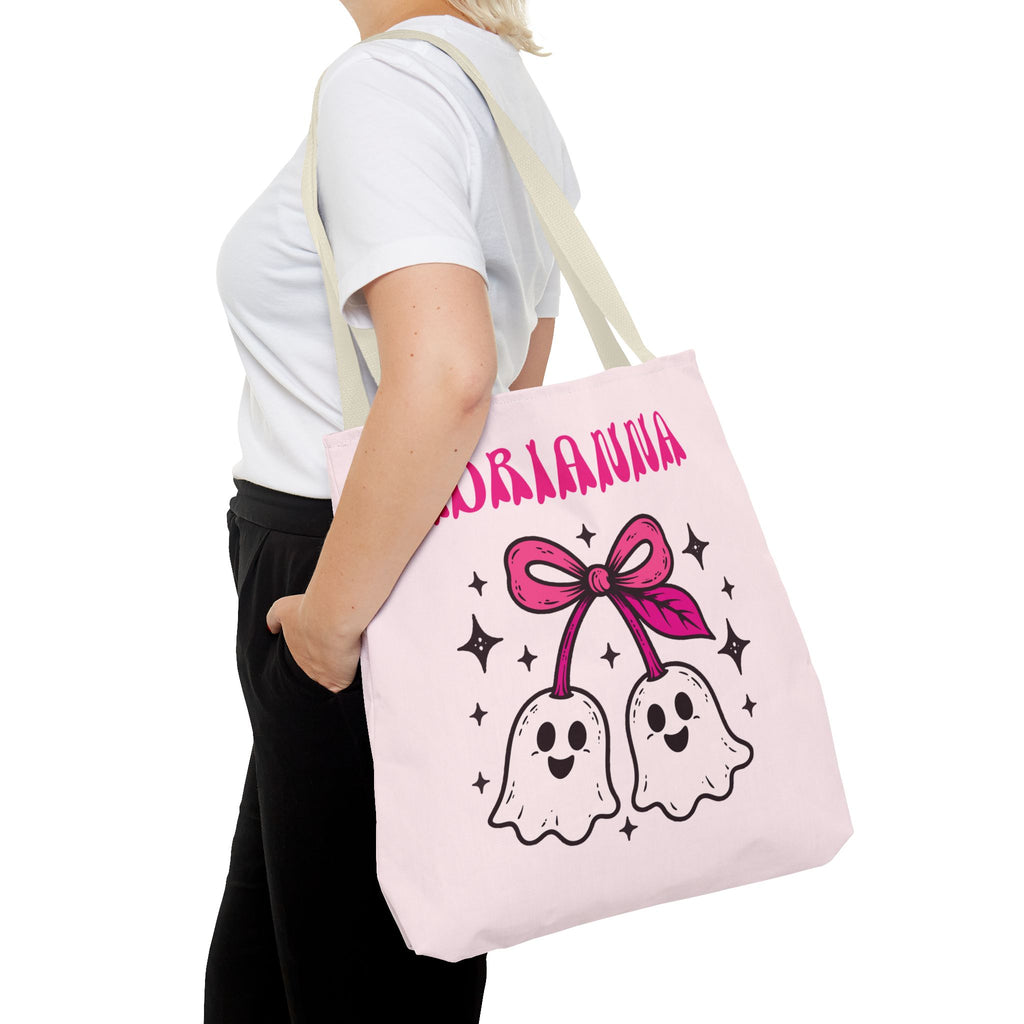 Pink Cute Ghost Cherries Tote Bag - "Spooky and a Cutie" Personalized Halloween Tote