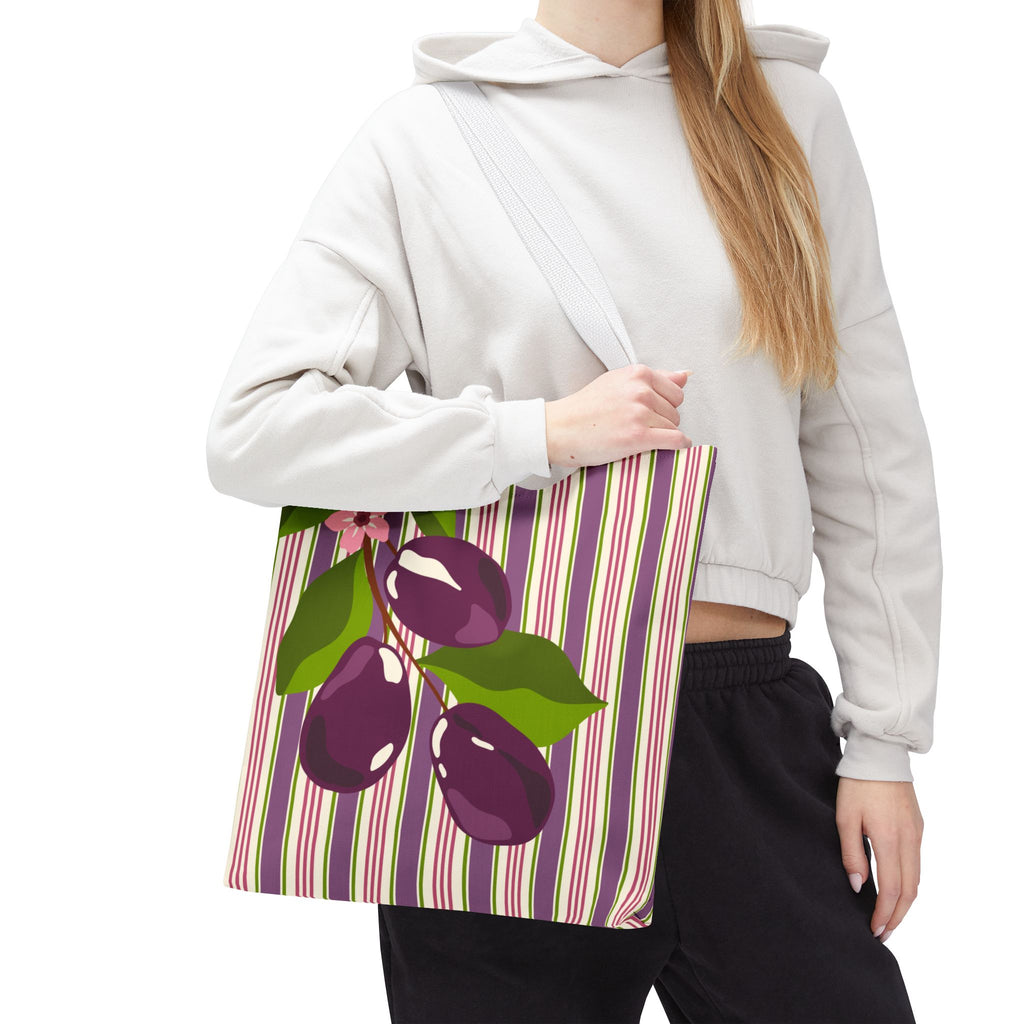 Plum Orchard Striped Tote Bag - Floral Plum Bouquet All-Over Print Tote