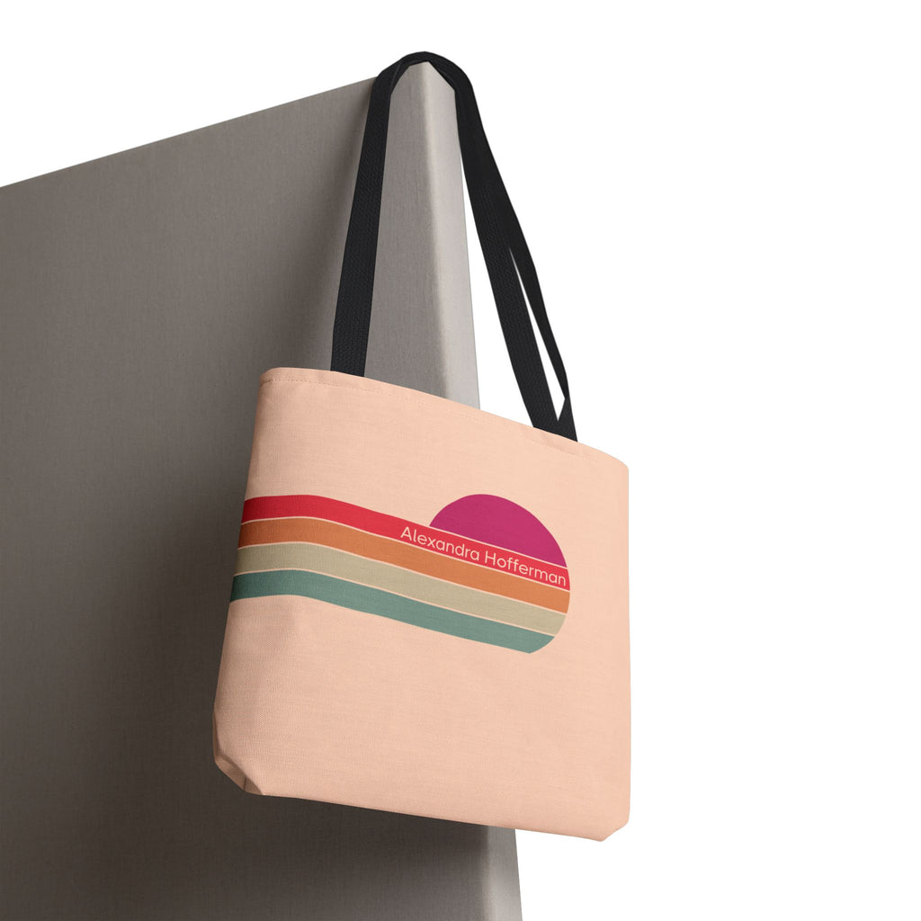 Personalizable Retro Sunset Tote Bag — Pastel Stripes Beach Vibe Carryall