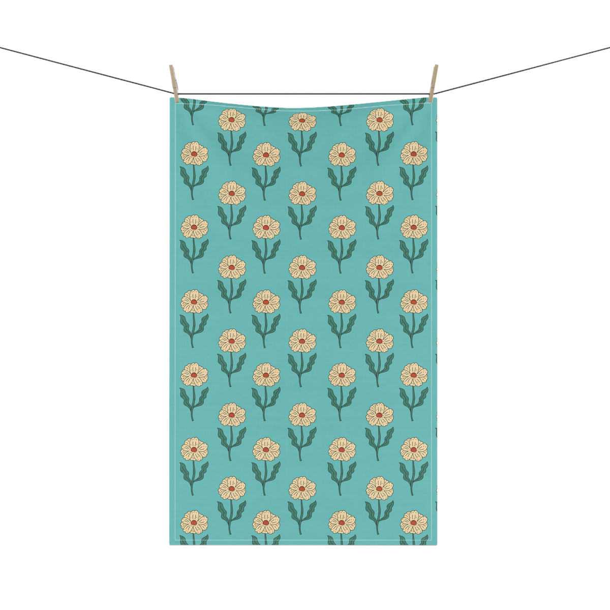 Retro Floral Tea Towel - Hand Drawn Daisies on Teal Kitchen Towel