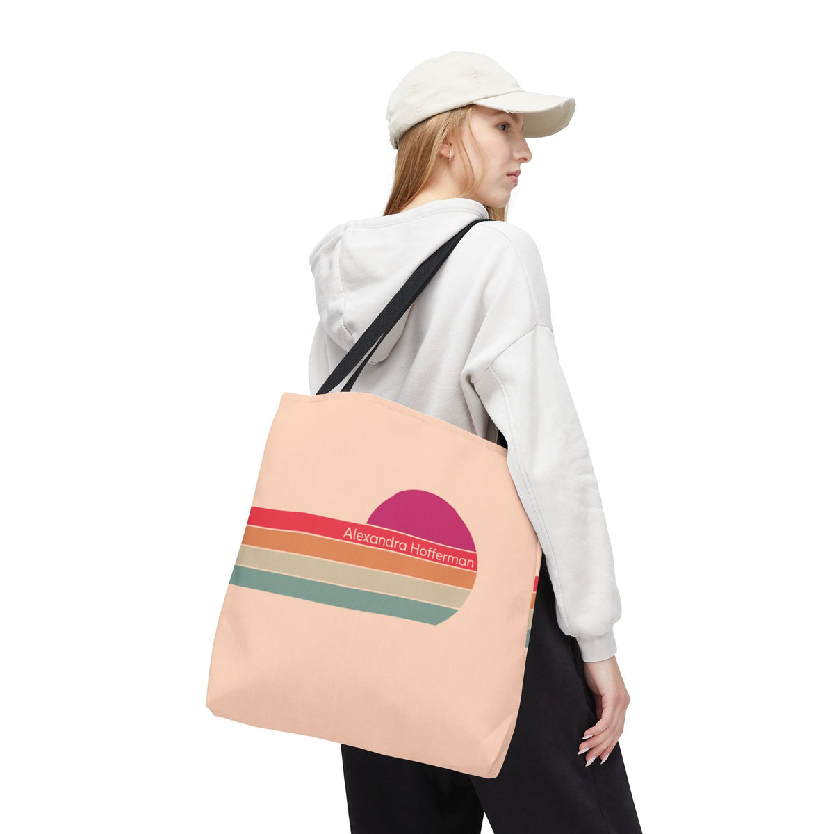 Personalizable Retro Sunset Tote Bag — Pastel Stripes Beach Vibe Carryall