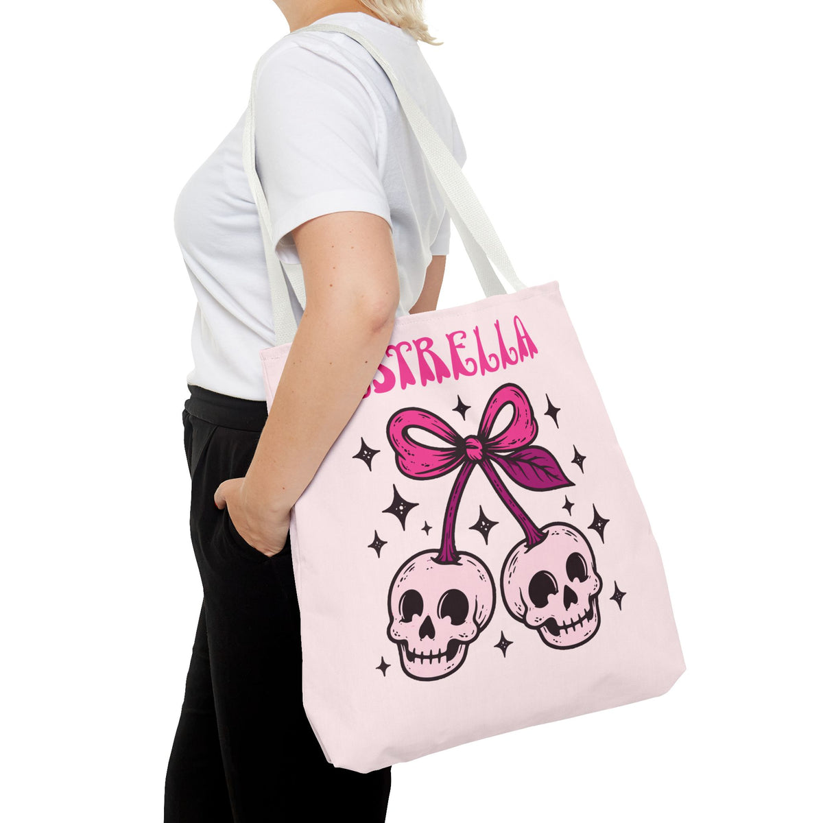 Personalized 'Creepy and Adorable' Pink Skull Cherries Tote Bag - Custom Trick-or-Treat Keepsake