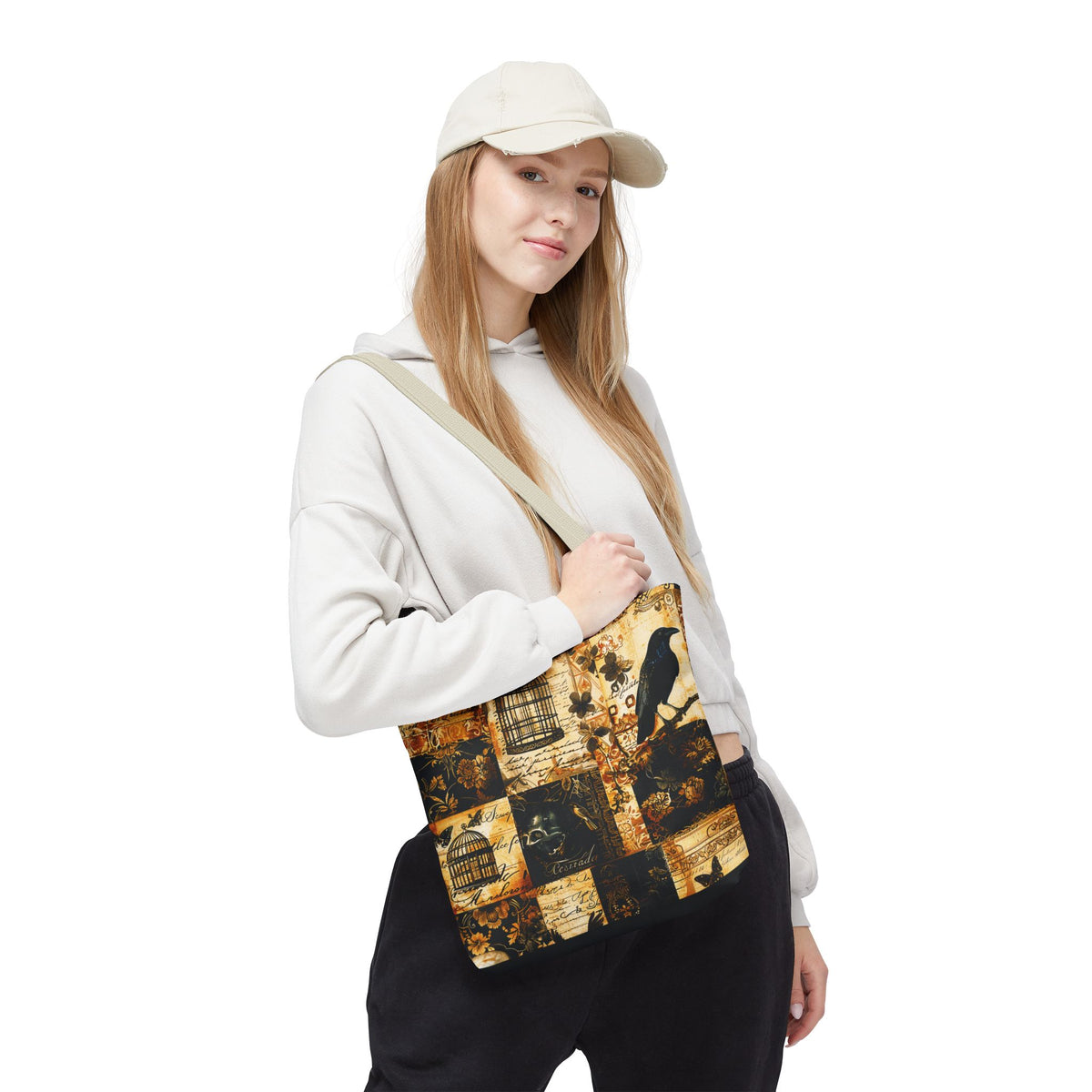 Gothic Raven Patchwork Tote Bag – Vintage Sepia and Black Collage Print