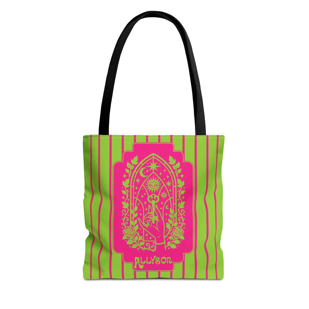 Personalizable Mystic Hand Neon Key Tote Bag -Retro Pink and Lime All-Over Print