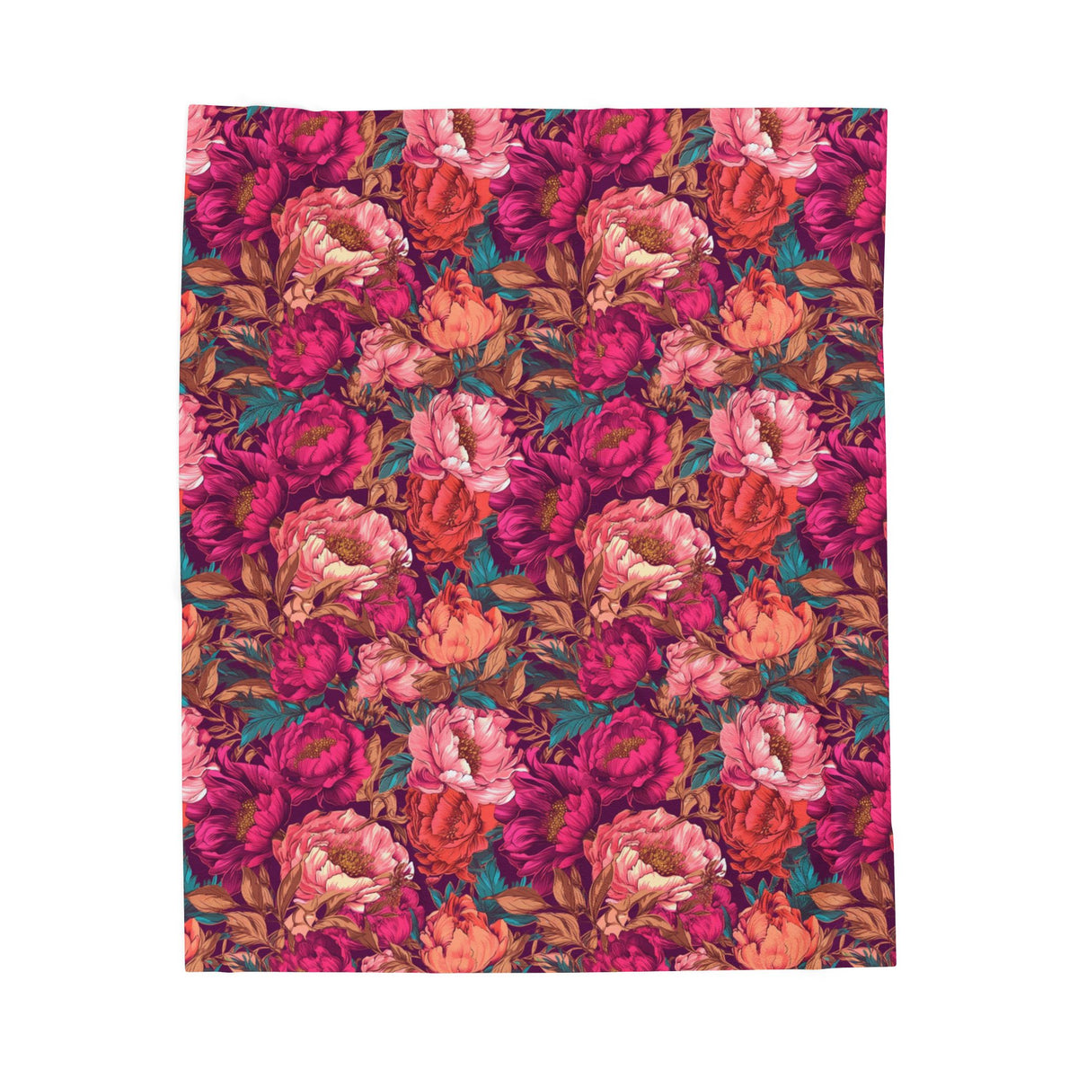 Vivid Magenta Peony Maximalist Velveteen Floral Plush Blanket