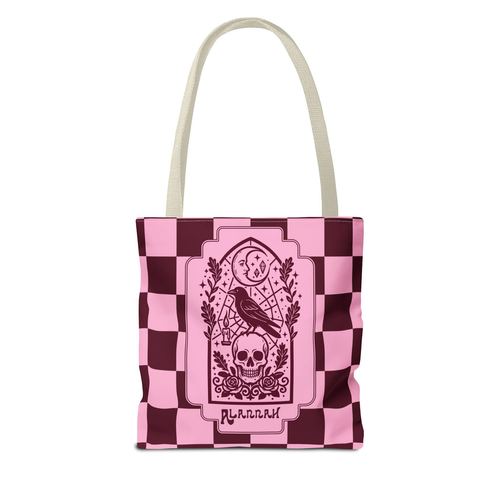Gothic Raven and Skull Checkerboard Tote Bag - Personalizable Pink Retro Goth Carryall