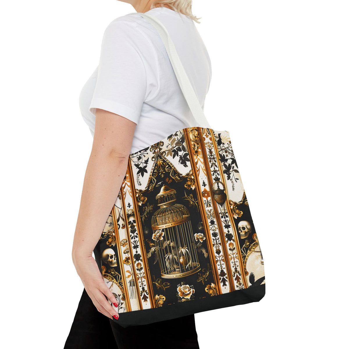 Vintage Gothic Birdcage Tote Bag - Victorian Skull and Floral Pattern Carryall