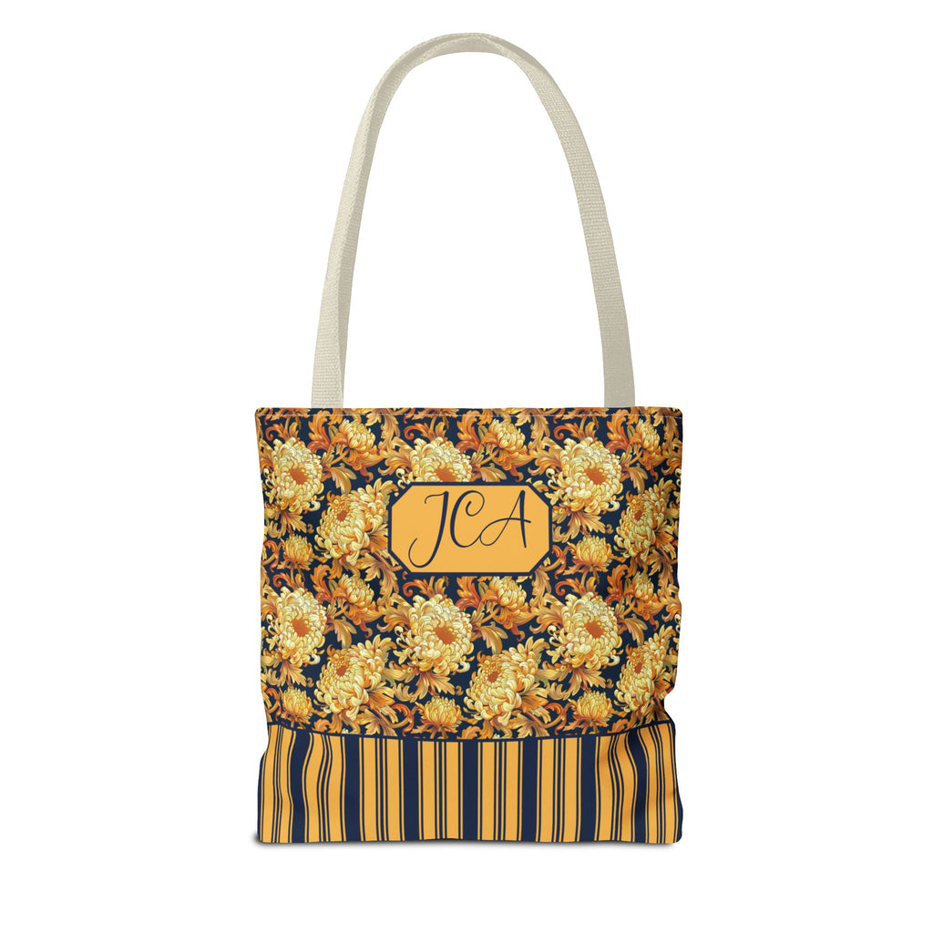 Personalizable Floral Harvest Tote Bag — Vintage Chrysanthemum Striped Tote