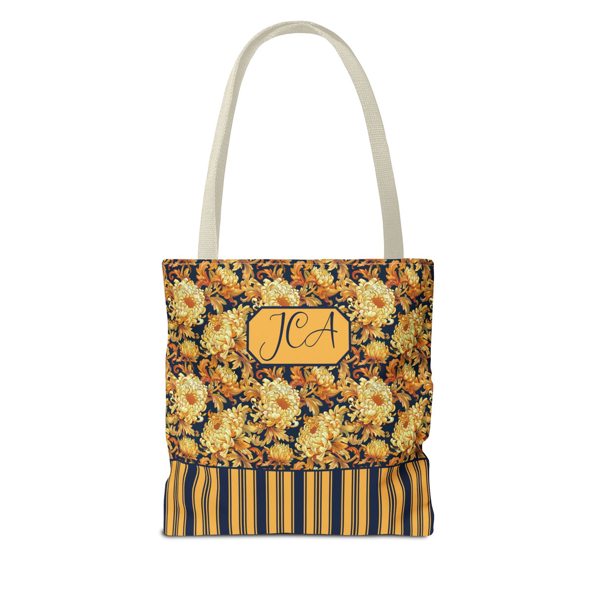 Personalizable Floral Harvest Tote Bag — Vintage Chrysanthemum Striped Tote