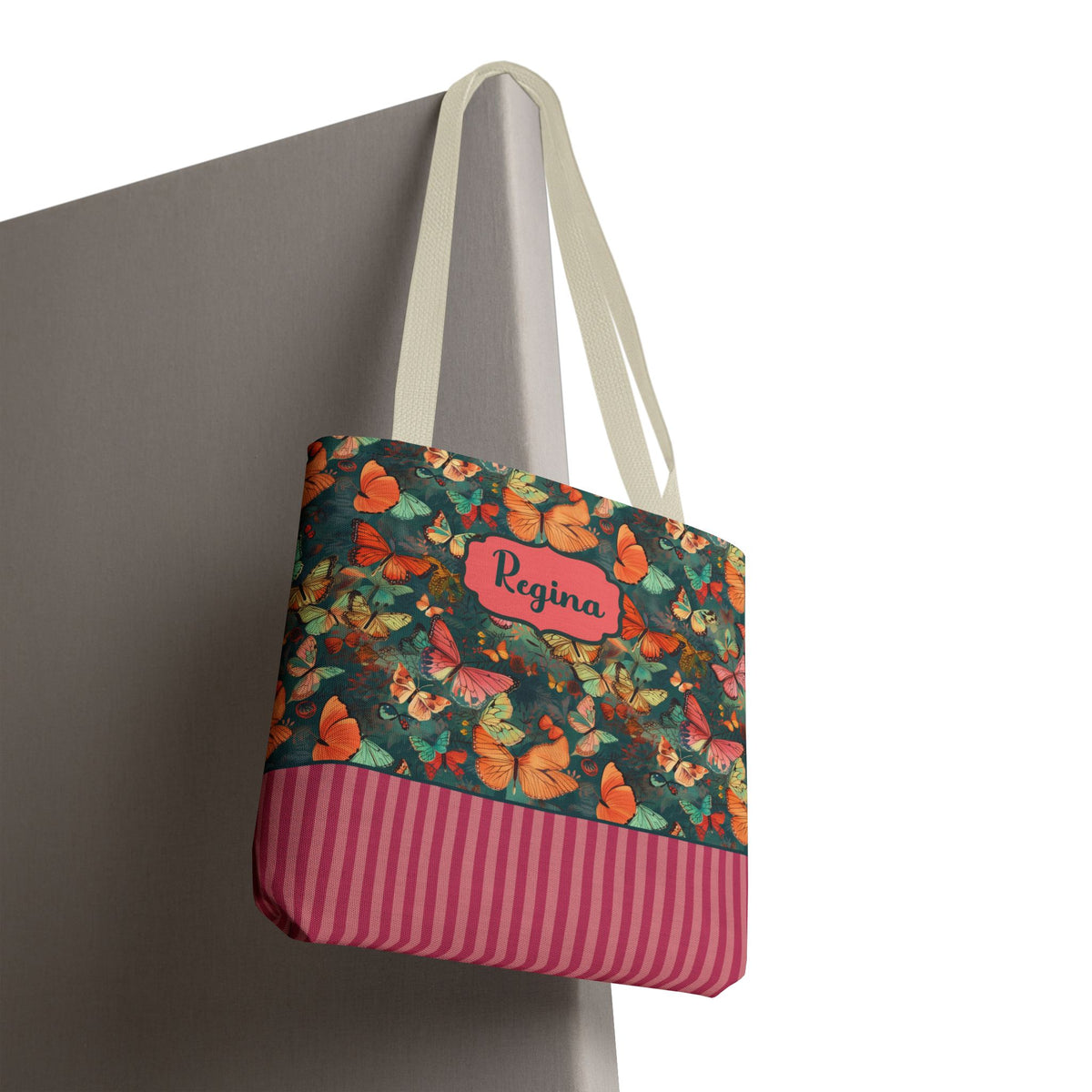 Personalizable Girly Handwriting Bag - Dreamy Butterfly Striped Tote