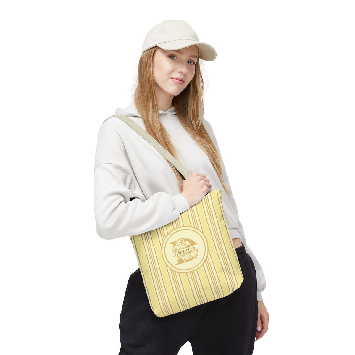 Sunflower Monogram Bag - Yellow Vintage Ticking Striped Carryall