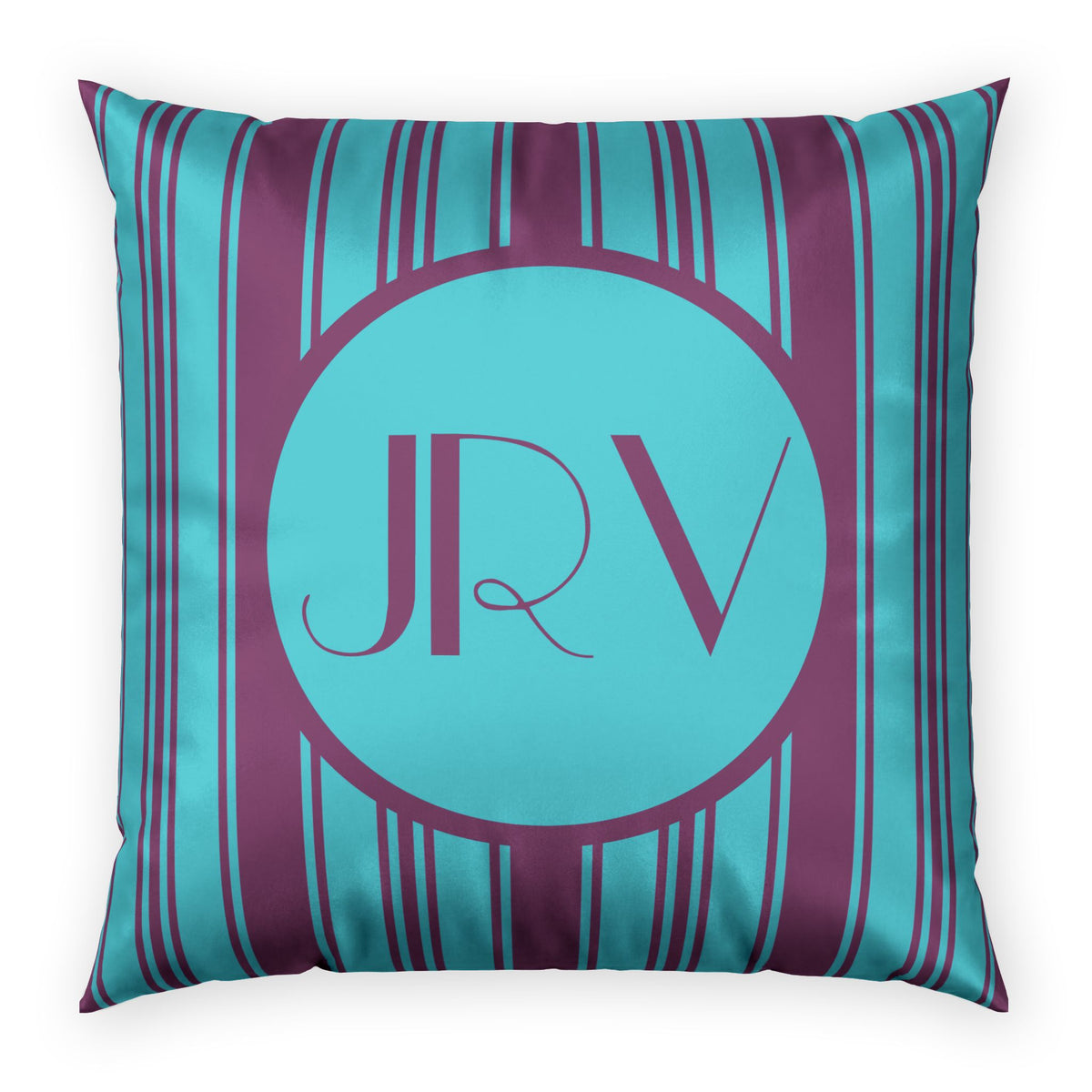 Retro Modern Velvet Pillow - Personalizable Violet and Teal Vintage Striped Monogram Pillow