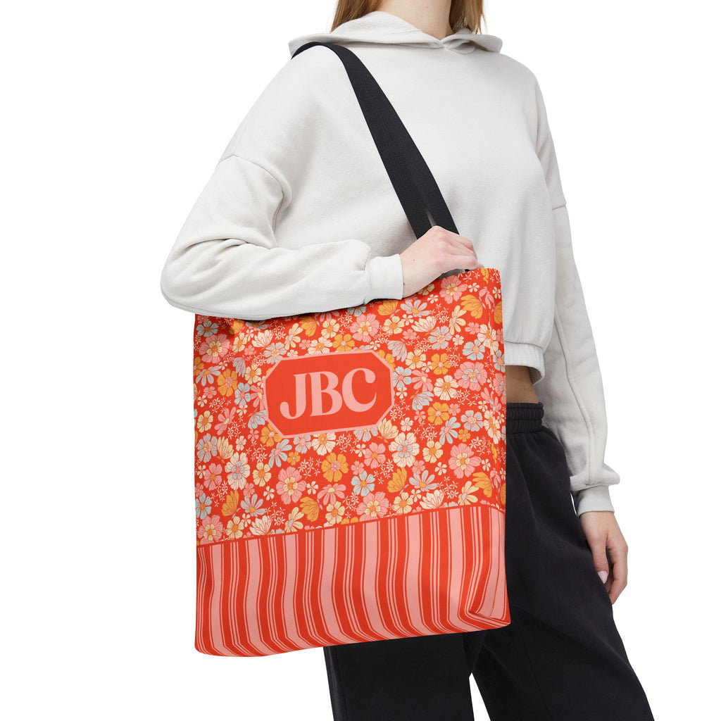 Personalizable Floral Striped Tote Bag - Orange Retro Blossom Tote