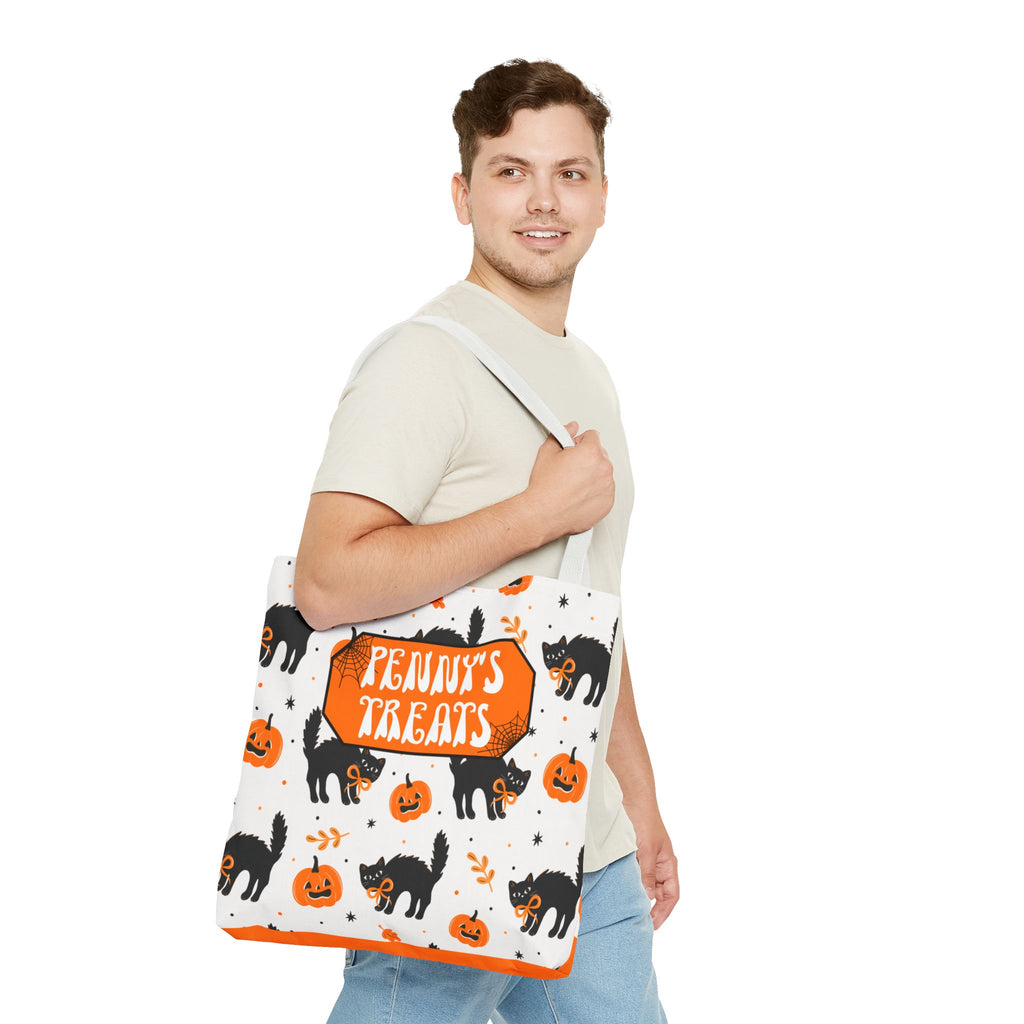 Cute Black Cats and Pumpkins Carryall -Personalized Halloween Trick or Treat Tote Bag