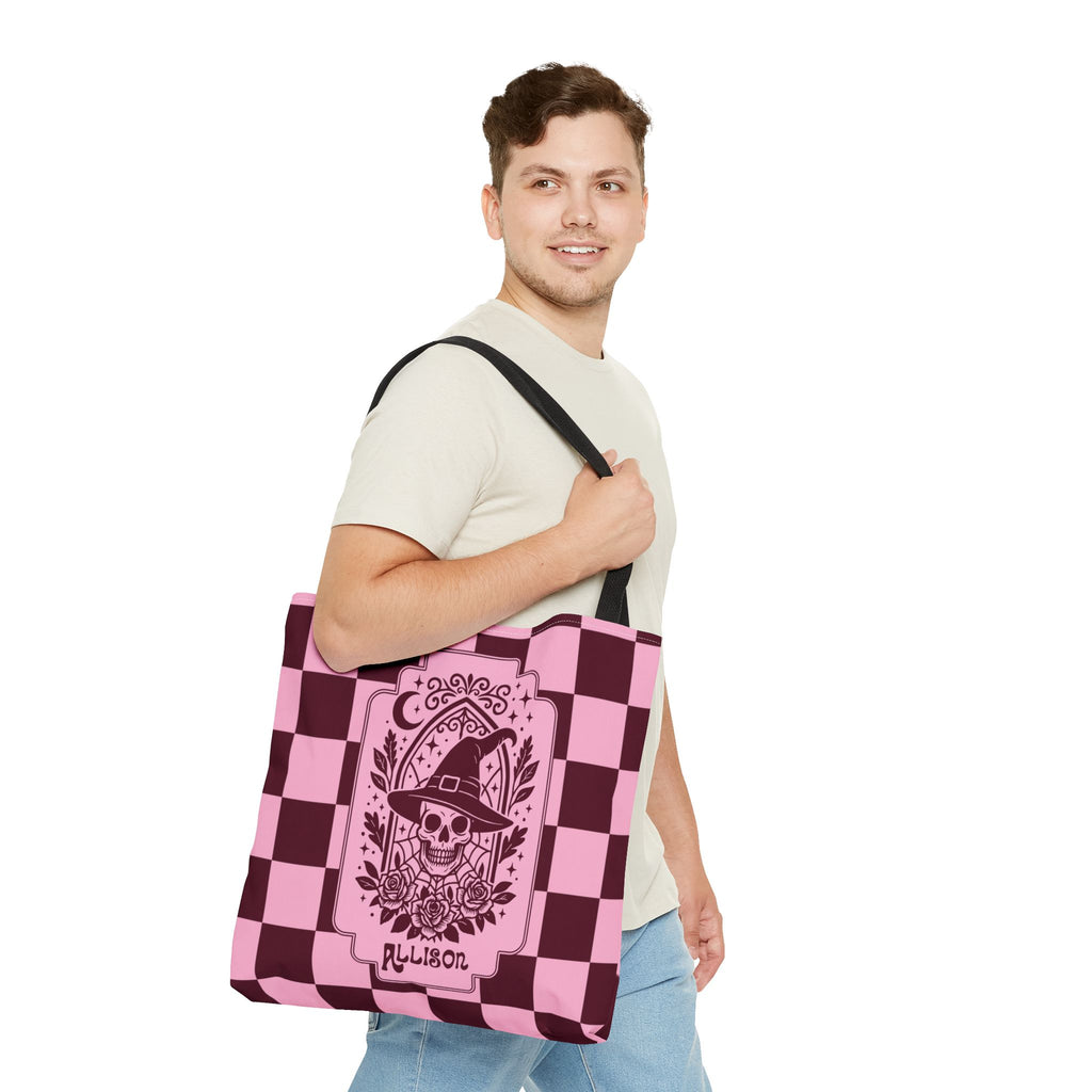 Pink Spooky Checkerboard Carryall - Gothic Witch Skull Personalizable Tote