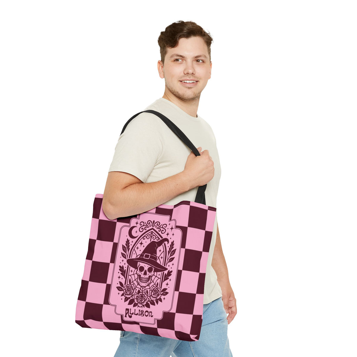 Pink Spooky Checkerboard Carryall - Gothic Witch Skull Personalizable Tote