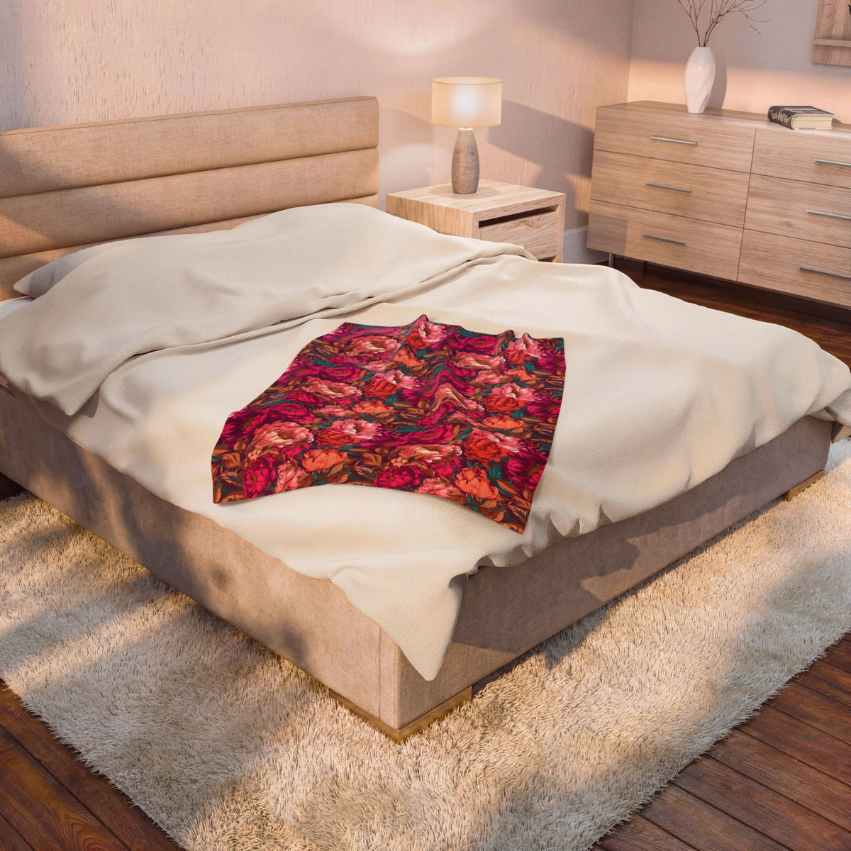 Vivid Magenta Peony Maximalist Velveteen Floral Plush Blanket