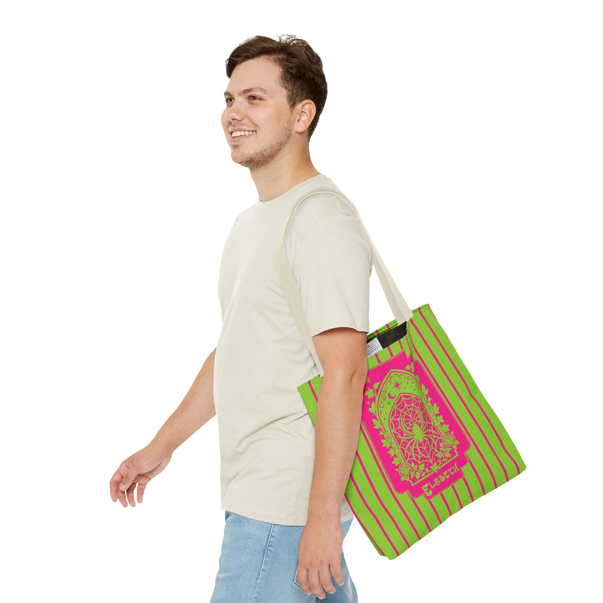 Personalized Green and Pink Retro Goth Tote with Mystic Spider Stained Glass Design