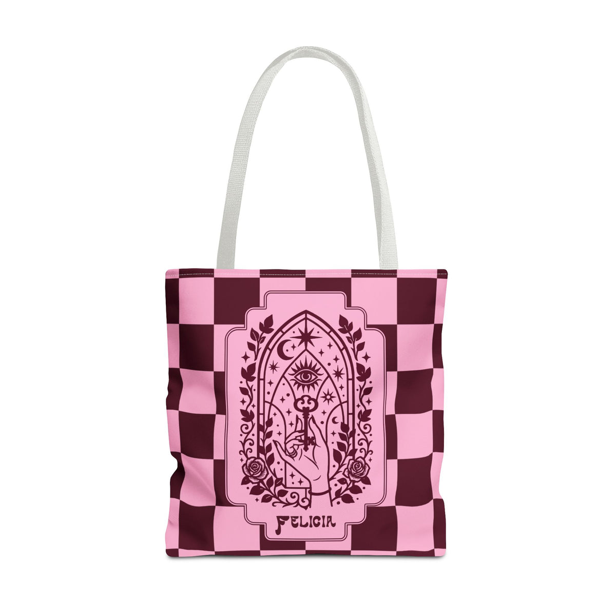 Personalizable Mystic Hand with Key Checkerboard Tote Bag – Pink and Burgundy Retro Goth Carryall